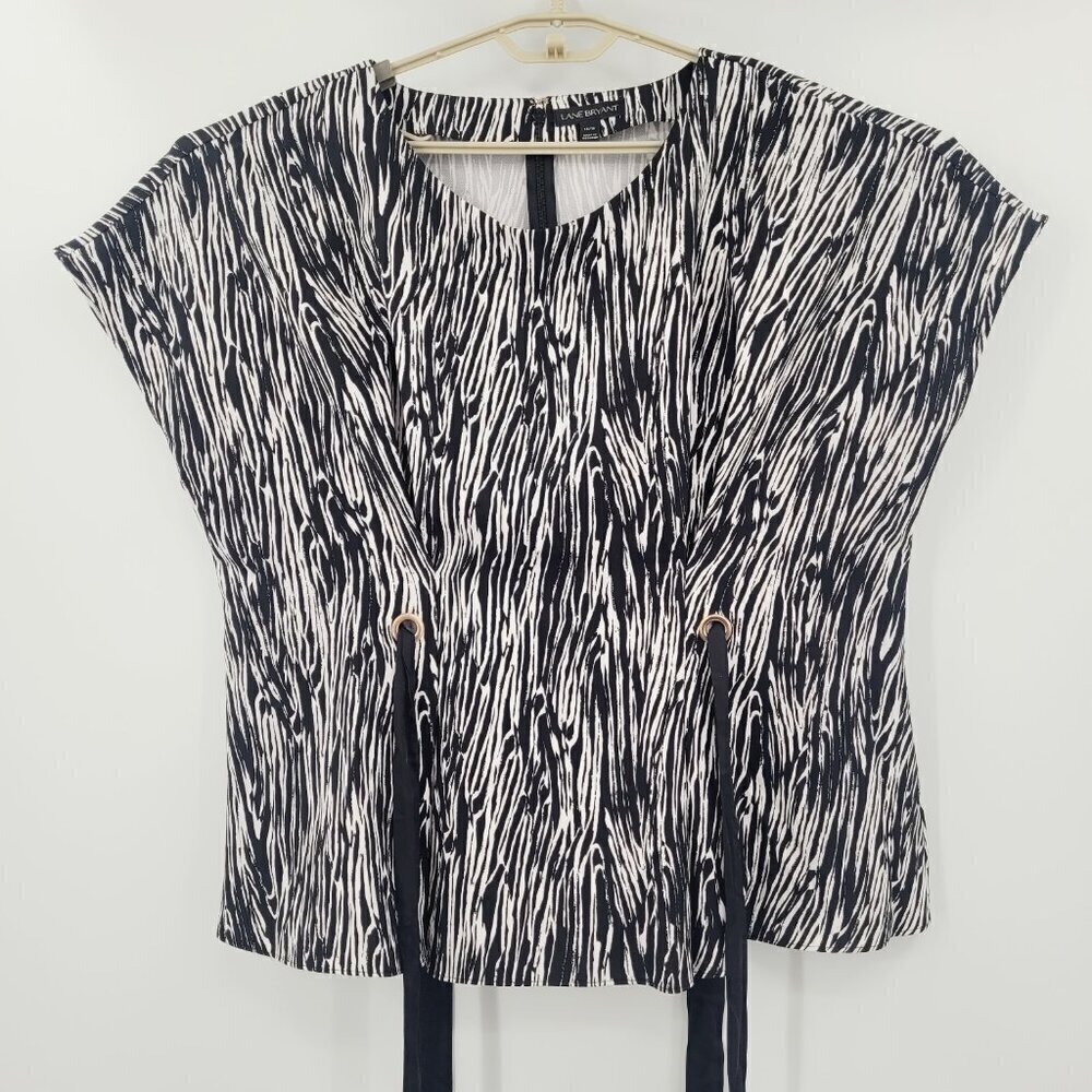 Lane Bryant Black & White Patterned Blouse with Ribbon Ties